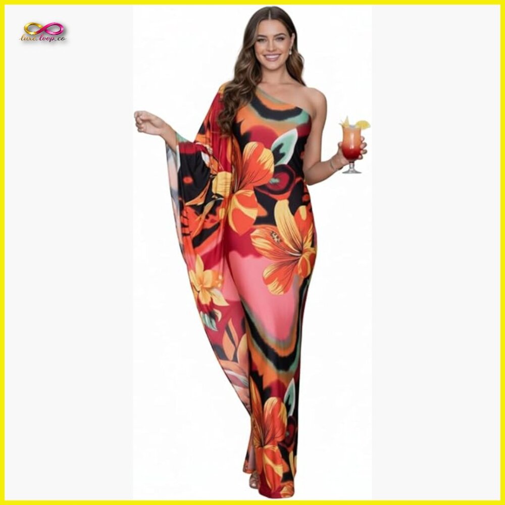 One Shoulder Maxi Dress Elegant Floral Formal Cocktail Summer Evening Gown
